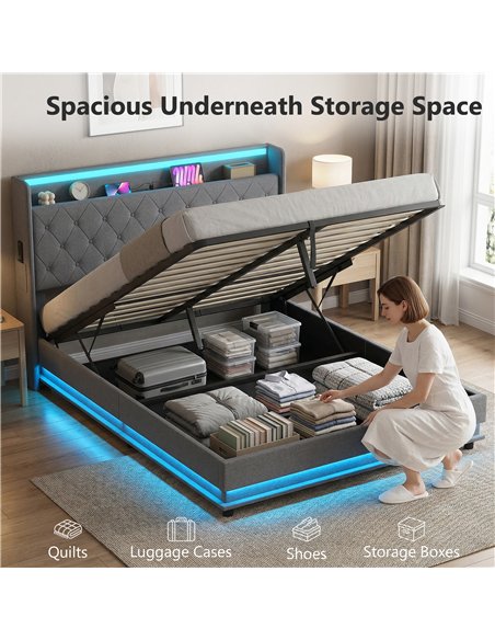 HOMCOM 5ft King Bed Frame with Headboard, Platform Bed Frame with Hydraulic Storage, LED Lights and Charging Station, Grey - pic 194002 | FastDaddyshop