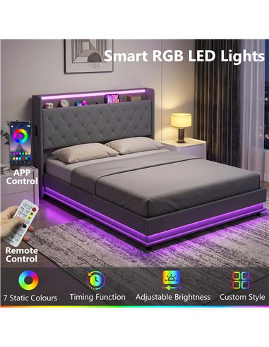 HOMCOM 5ft King Bed Frame with Headboard, Platform Bed Frame with Hydraulic Storage, LED Lights and Charging Station, Grey