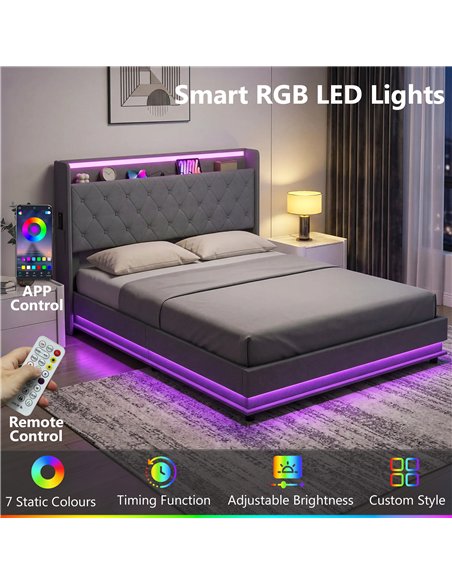 HOMCOM 5ft King Bed Frame with Headboard, Platform Bed Frame with Hydraulic Storage, LED Lights and Charging Station, Grey - pic 194003 | FastDaddyshop