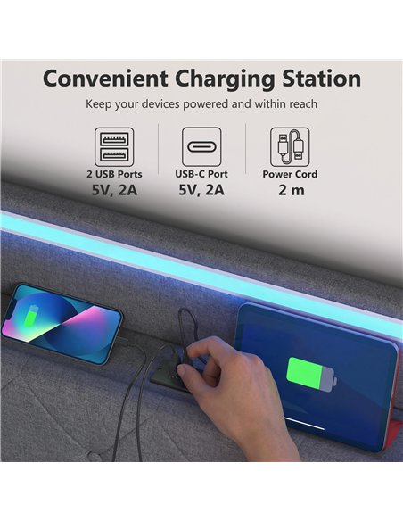 HOMCOM 5ft King Bed Frame with Headboard, Platform Bed Frame with Hydraulic Storage, LED Lights and Charging Station, Grey - pic 194004 | FastDaddyshop