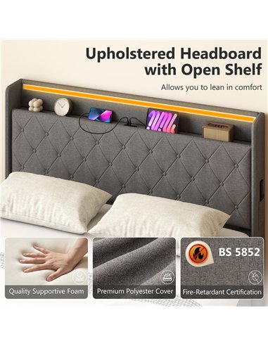 HOMCOM 5ft King Bed Frame with Headboard, Platform Bed Frame with Hydraulic Storage, LED Lights and Charging Station, Grey