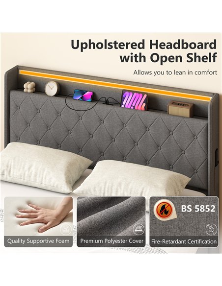 HOMCOM 5ft King Bed Frame with Headboard, Platform Bed Frame with Hydraulic Storage, LED Lights and Charging Station, Grey - pic 194005 | FastDaddyshop