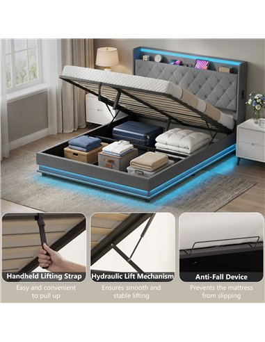 HOMCOM 5ft King Bed Frame with Headboard, Platform Bed Frame with Hydraulic Storage, LED Lights and Charging Station, Grey