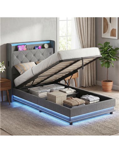 HOMCOM 3ft Single Bed Frame with Headboard, Platform Bed Frame with Hydraulic Storage, LED Lights and Charging Station, Grey