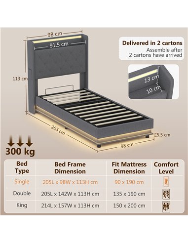 HOMCOM 3ft Single Bed Frame with Headboard, Platform Bed Frame with Hydraulic Storage, LED Lights and Charging Station, Grey