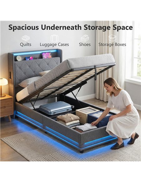 HOMCOM 3ft Single Bed Frame with Headboard, Platform Bed Frame with Hydraulic Storage, LED Lights and Charging Station, Grey - pic 194011 | FastDaddyshop