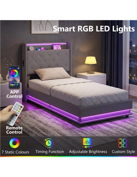 HOMCOM 3ft Single Bed Frame with Headboard, Platform Bed Frame with Hydraulic Storage, LED Lights and Charging Station, Grey - pic 194012 | FastDaddyshop