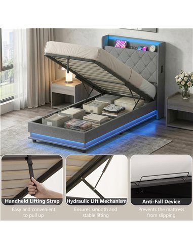 HOMCOM 3ft Single Bed Frame with Headboard, Platform Bed Frame with Hydraulic Storage, LED Lights and Charging Station, Grey