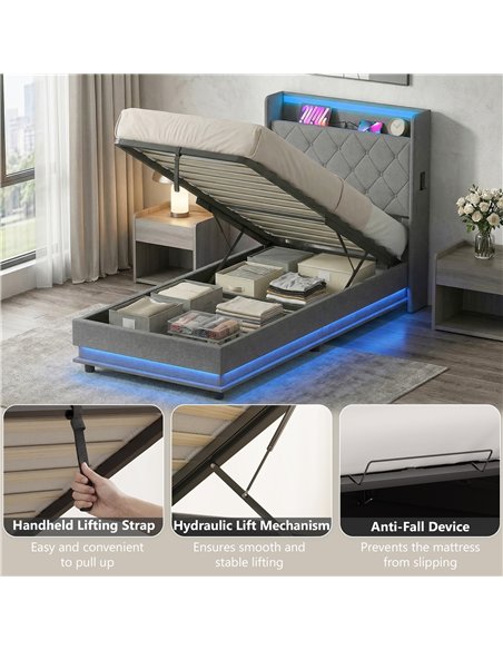 HOMCOM 3ft Single Bed Frame with Headboard, Platform Bed Frame with Hydraulic Storage, LED Lights and Charging Station, Grey - pic 194015 | FastDaddyshop