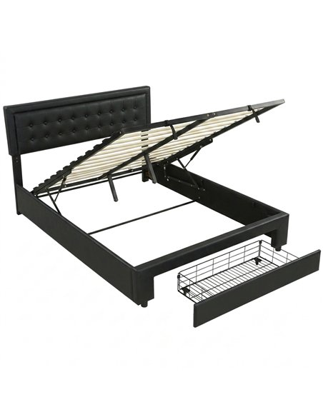 HOMCOM PU Leather King Size Ottoman Bed Frame, with Front Drawer - Black - pic 194017 | FastDaddyshop
