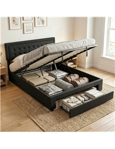 HOMCOM PU Leather King Size Ottoman Bed Frame, with Front Drawer - Black 2