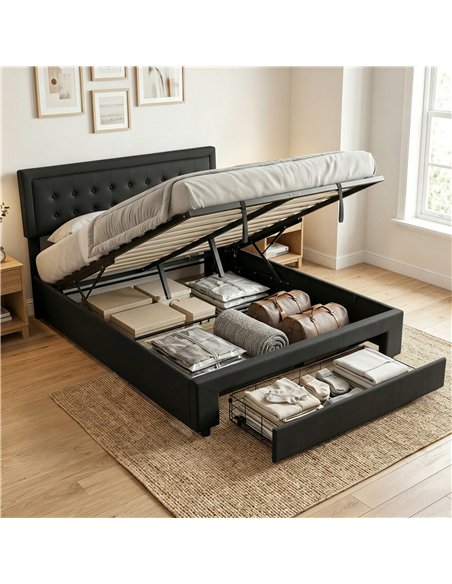 HOMCOM PU Leather King Size Ottoman Bed Frame, with Front Drawer - Black - pic 194018 | FastDaddyshop