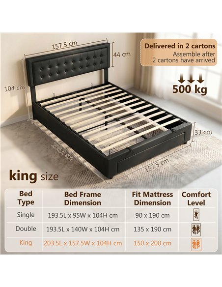 HOMCOM PU Leather King Size Ottoman Bed Frame, with Front Drawer - Black - pic 194019 | FastDaddyshop