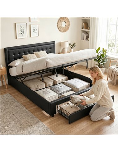 HOMCOM PU Leather King Size Ottoman Bed Frame, with Front Drawer - Black