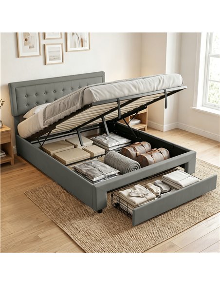 HOMCOM PU Leather King Size Ottoman Bed Frame, with Front Drawer - Grey - pic 194027 | FastDaddyshop