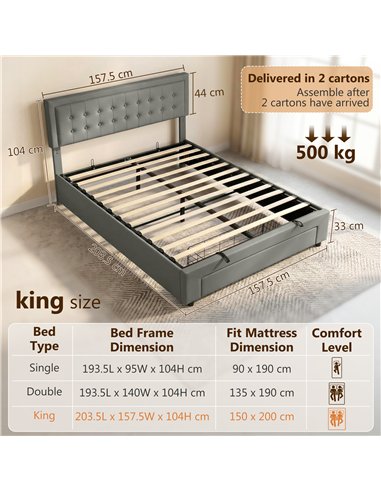 HOMCOM PU Leather King Size Ottoman Bed Frame, with Front Drawer - Grey