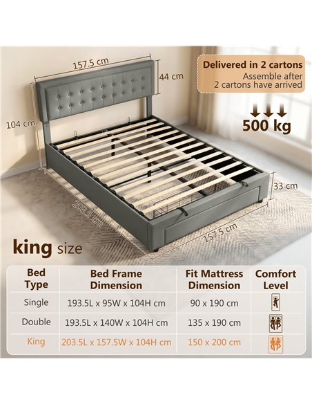 HOMCOM PU Leather King Size Ottoman Bed Frame, with Front Drawer - Grey - pic 194028 | FastDaddyshop
