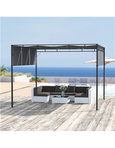 Outsunny 3x3m Steel Pergola Gazebo with Retractable Roof Canopy, Dark Grey