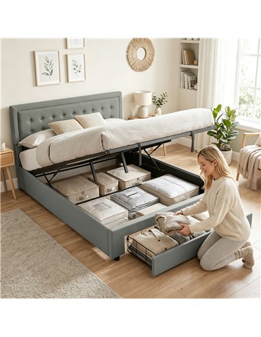 HOMCOM PU Leather King Size Ottoman Bed Frame, with Front Drawer - Grey
