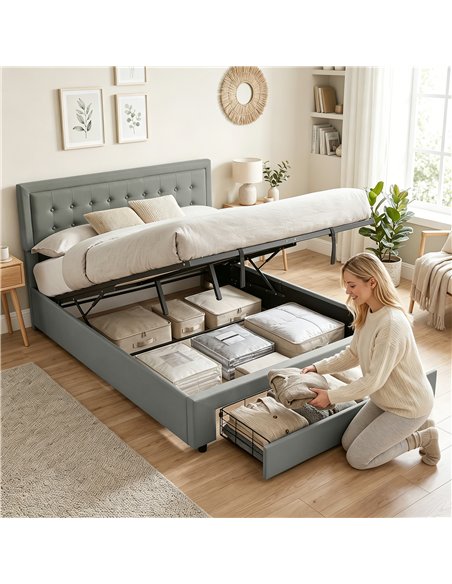 HOMCOM PU Leather King Size Ottoman Bed Frame, with Front Drawer - Grey - pic 194033 | FastDaddyshop