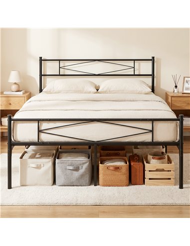 HOMCOM 4ft6 Double Bed Frame with Headboard and Footboard, Metal Platform Bed Frame with 32 cm Underbed Storage, Black