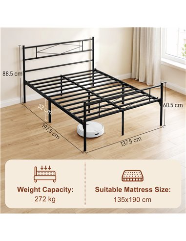HOMCOM 4ft6 Double Bed Frame with Headboard and Footboard, Metal Platform Bed Frame with 32 cm Underbed Storage, Black