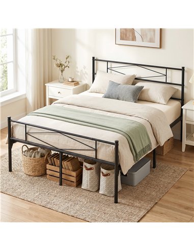 HOMCOM 4ft6 Double Bed Frame with Headboard and Footboard, Metal Platform Bed Frame with 32 cm Underbed Storage, Black