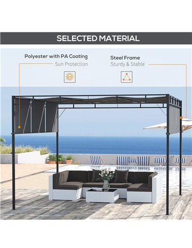 Outsunny 3 x 3(m) Steel Pergola Gazebo Garden Shelter with Retractable Roof Canopy for Outdoor, Patio, Dark Grey