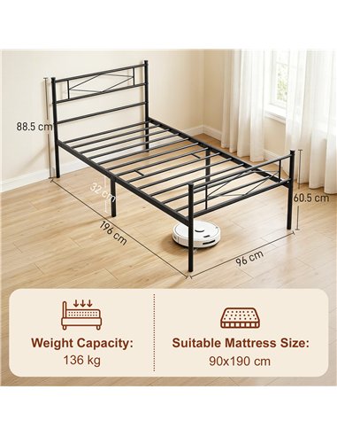 HOMCOM 3ft Single Bed Frame with Headboard and Footboard, Metal Platform Bed Frame with 32 cm Underbed Storage, Black