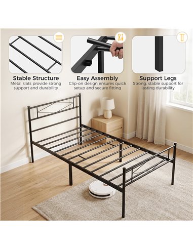 HOMCOM 3ft Single Bed Frame with Headboard and Footboard, Metal Platform Bed Frame with 32 cm Underbed Storage, Black