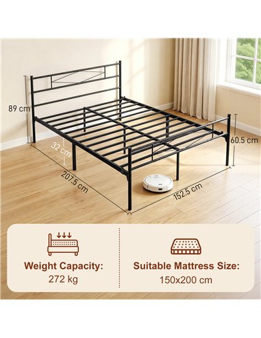 HOMCOM 5ft King Bed Frame with Headboard and Footboard, Metal Platform Bed Frame with 32 cm Underbed Storage, Black