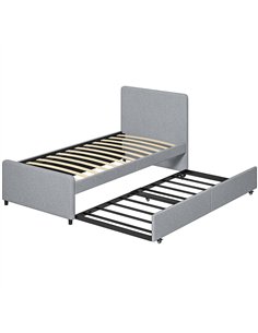 HOMCOM 3ft Single Bed Frame with Trundle, Upholstered Pull Out Trundle Bed with Headboard and Footboard, Light Grey