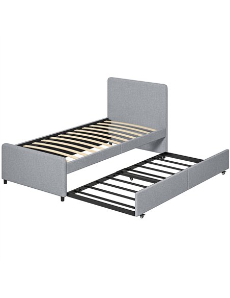 HOMCOM 3ft Single Bed Frame with Trundle, Upholstered Pull Out Trundle Bed with Headboard and Footboard, Light Grey - pic 194098 | FastDaddyshop