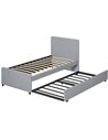 HOMCOM 3ft Single Bed Frame with Trundle, Upholstered Pull Out Trundle Bed with Headboard and Footboard, Light Grey