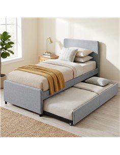 HOMCOM 3ft Single Bed Frame with Trundle, Upholstered Pull Out Trundle Bed with Headboard and Footboard, Light Grey 2