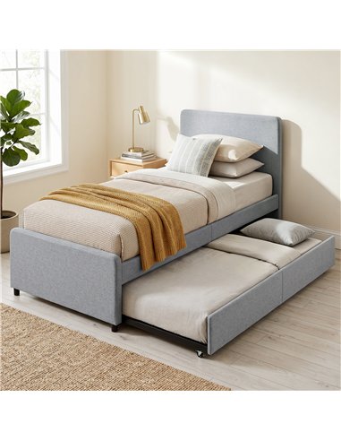 HOMCOM 3ft Single Bed Frame with Trundle, Upholstered Pull Out Trundle Bed with Headboard and Footboard, Light Grey