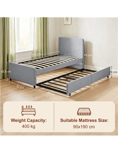 HOMCOM 3ft Single Bed Frame with Trundle, Upholstered Pull Out Trundle Bed with Headboard and Footboard, Light Grey