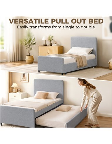 HOMCOM 3ft Single Bed Frame with Trundle, Upholstered Pull Out Trundle Bed with Headboard and Footboard, Light Grey