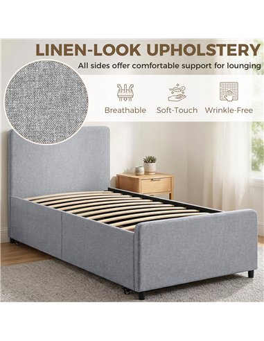 HOMCOM 3ft Single Bed Frame with Trundle, Upholstered Pull Out Trundle Bed with Headboard and Footboard, Light Grey