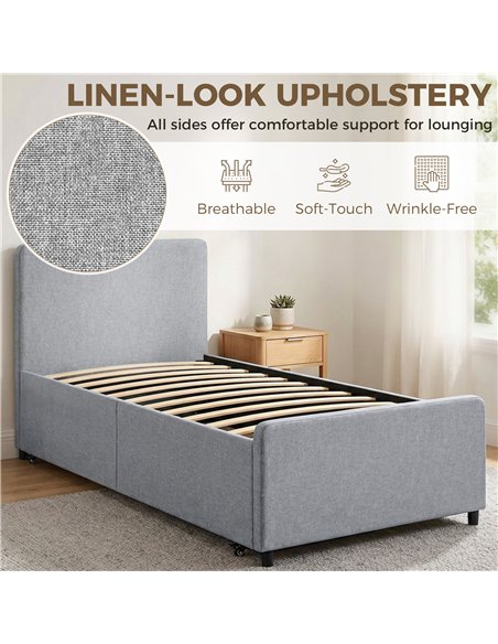 HOMCOM 3ft Single Bed Frame with Trundle, Upholstered Pull Out Trundle Bed with Headboard and Footboard, Light Grey - pic 194102 | FastDaddyshop