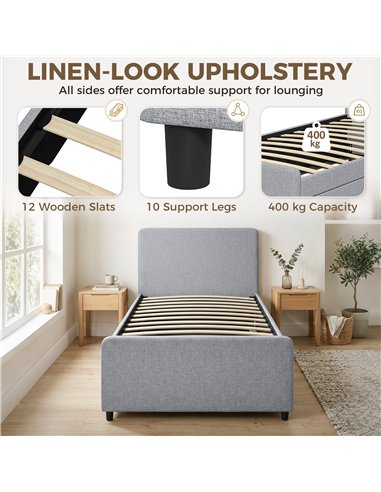 HOMCOM 3ft Single Bed Frame with Trundle, Upholstered Pull Out Trundle Bed with Headboard and Footboard, Light Grey