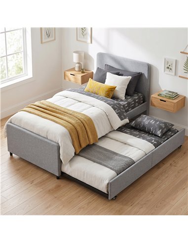 HOMCOM 3ft Single Bed Frame with Trundle, Upholstered Pull Out Trundle Bed with Headboard and Footboard, Light Grey