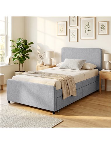 HOMCOM 3ft Single Bed Frame with Trundle, Upholstered Pull Out Trundle Bed with Headboard and Footboard, Light Grey
