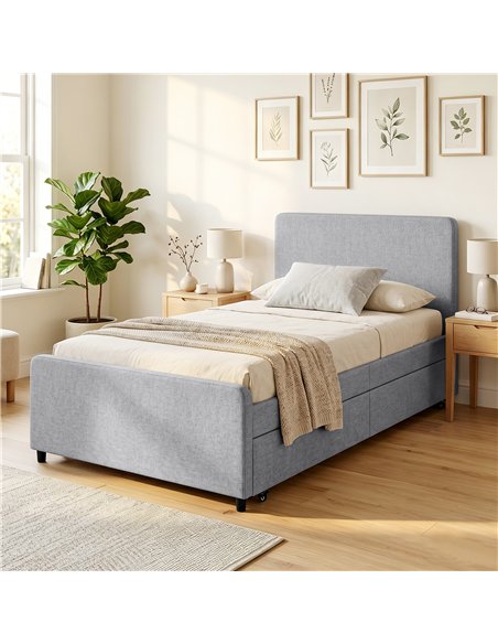 HOMCOM 3ft Single Bed Frame with Trundle, Upholstered Pull Out Trundle Bed with Headboard and Footboard, Light Grey - pic 194105 | FastDaddyshop