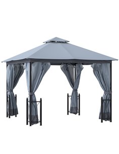 Outsunny 4x3.35m Metal Gazebo with 2 Tier Roof, Netting and Curtains, Grey