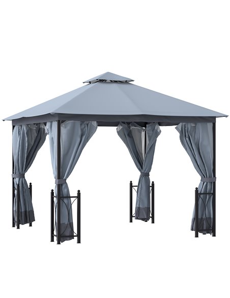 Outsunny 4x3.35m Metal Gazebo with 2 Tier Roof, Netting and Curtains, Grey - pic 19411 | FastDaddyshop