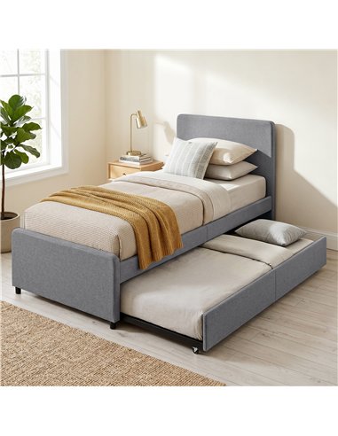 HOMCOM 3ft Single Bed Frame with Trundle, Upholstered Pull Out Trundle Bed with Headboard and Footboard, Dark Grey