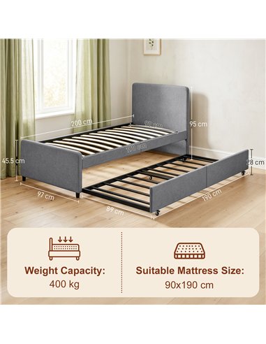 HOMCOM 3ft Single Bed Frame with Trundle, Upholstered Pull Out Trundle Bed with Headboard and Footboard, Dark Grey