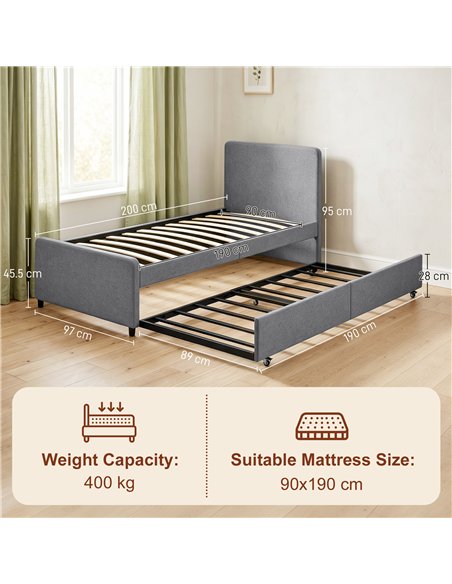 HOMCOM 3ft Single Bed Frame with Trundle, Upholstered Pull Out Trundle Bed with Headboard and Footboard, Dark Grey - pic 194118 | FastDaddyshop