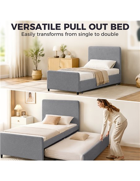 HOMCOM 3ft Single Bed Frame with Trundle, Upholstered Pull Out Trundle Bed with Headboard and Footboard, Dark Grey - pic 194119 | FastDaddyshop
